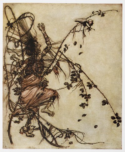Ilustración de un hombre atrapado entre espinas de Sweetheart Roland. de Arthur Rackham
