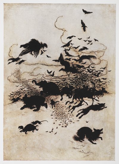 Ilustración de una estampida de animales de El reyezuelo y el oso. de Arthur Rackham