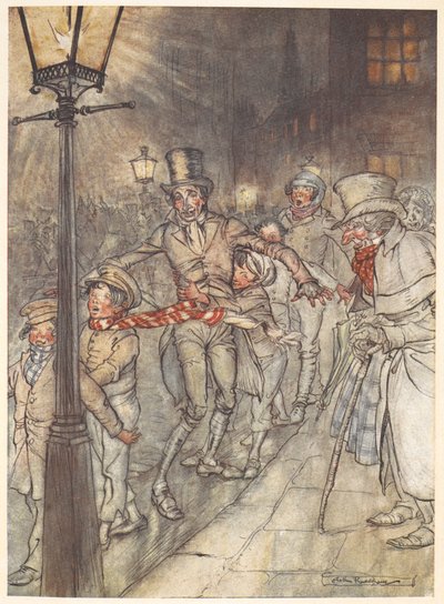 Ilustración de una escena callejera en Nochebuena con Bob Cratchit y los niños. de Arthur Rackham