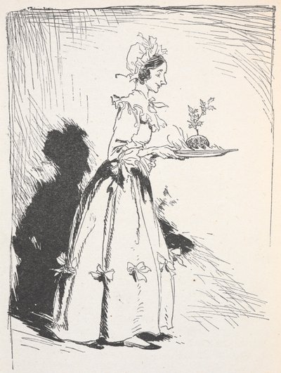 Ilustración de una mujer que lleva un pudín de Navidad de Arthur Rackham