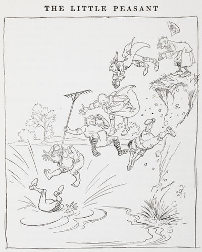 Ilustración de hombres saltando de un acantilado a un estanque de Los pequeños campesinos. de Arthur Rackham