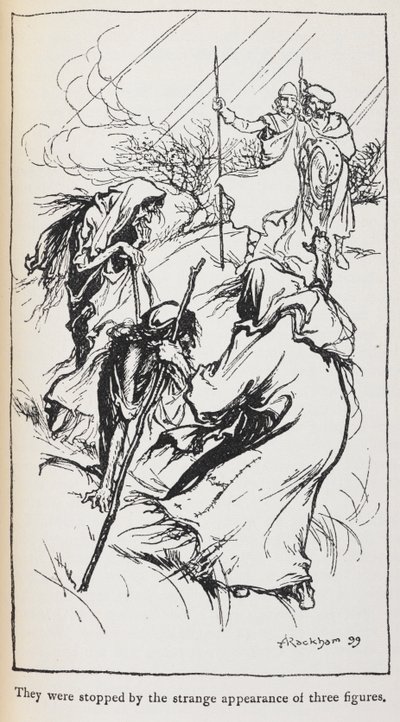 Ilustración de las tres brujas, Macbeth y Banquo. de Arthur Rackham