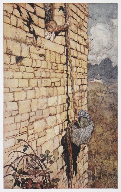 Ilustración de la bruja trepando por el pelo de Rapunzel. de Arthur Rackham