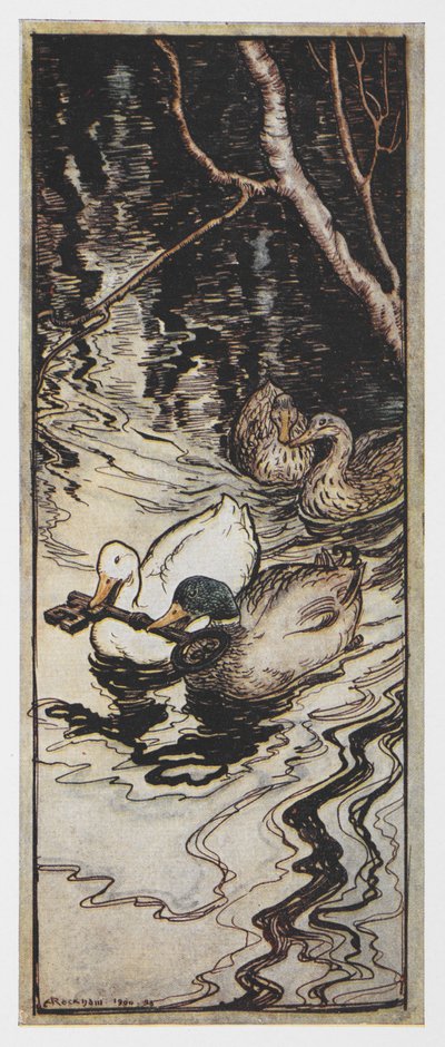 Ilustración de dos patos que llevan una llave de The Queen Bee. de Arthur Rackham