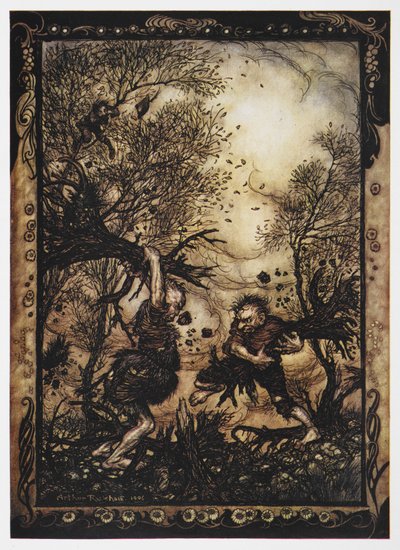 Ilustración de dos gigantes luchando con árboles de El sastre valiente. de Arthur Rackham