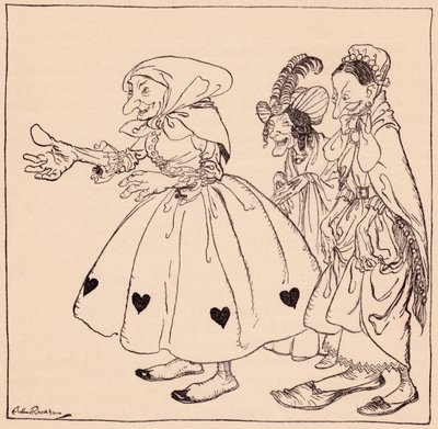 Entraron las tres mujeres vestidas de la manera más extraña. Ilustración de Arthur Rackham del cuento de Grimm Las tres hilanderas. de Arthur Rackham
