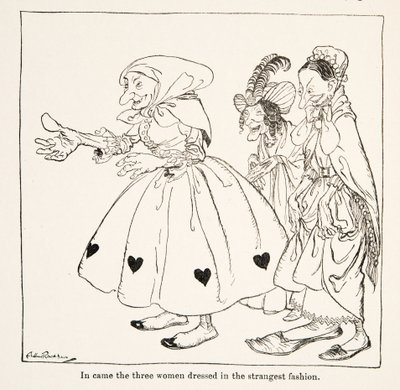 Entraron las tres mujeres vestidas de la manera más extraña, de Hermanito y hermanita y otros cuentos de los Hermanos Grimm, pub.1917 de Arthur Rackham