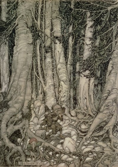 En el Bosque con un Barril de Rip Van Winkle escrito por Washington Irving (1783-1859), 1905 de Arthur Rackham