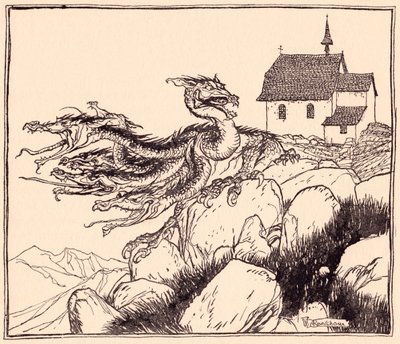 No tardó en llegar el dragón de siete cabezas, rugiendo ruidosamente. Ilustración de Arthur Rackham del cuento de hadas de Grimm, Los dos hermanos. de Arthur Rackham