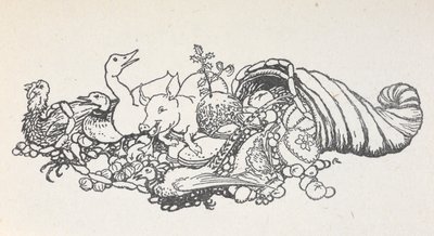 Artículos de un banquete navideño que salen de un cuerno. Incluye un pudin de Navidad, salchichas, un pavo, un cerdo, un pato, un faisán, una tarta y frutas. de Arthur Rackham