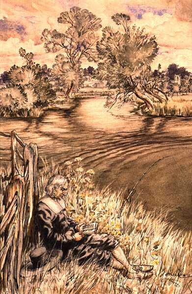 Izaak Walton recostado contra una cerca, una de una serie de ilustraciones de Izaak Walton, 