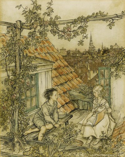 Kay y Gerda en su jardín en lo alto del techo. Ilustración para el cuento de La Reina de las Nieves de Arthur Rackham