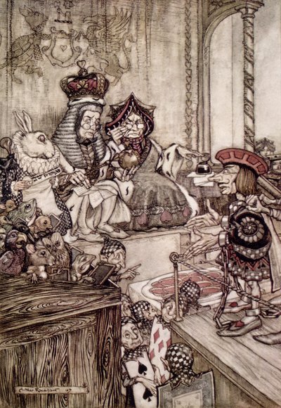 El Knave ante el Rey y la Reina de Corazones, ilustración de 