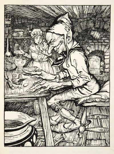 ¡Pon!, rugió el gigante y entonces la gallina puso inmediatamente un huevo de oro macizo, de The Arthur Rackham Fairy Book, pub. 1933 de Arthur Rackham