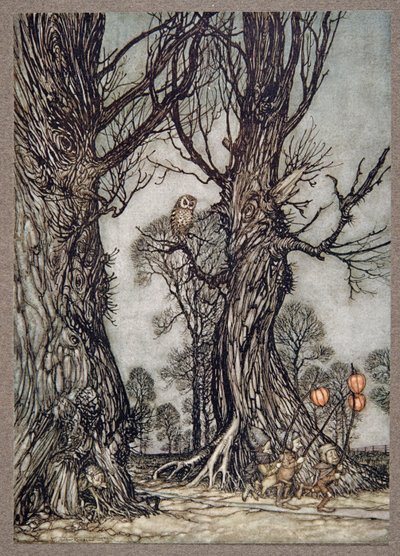 Portadores corriendo al frente llevando cerezas de invierno, de Peter Pan en los Jardines de Kensington de J M Barrie, pub. 1906 de Arthur Rackham