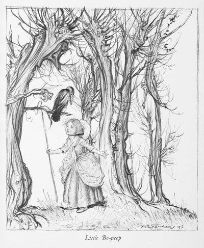 El pequeño Bo-peep en un bosque con un pájaro. de Arthur Rackham
