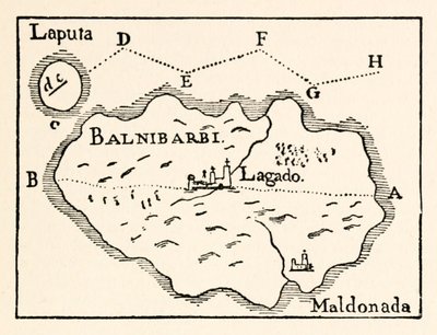 Mapa de Laputa (isla voladora arriba a la derecha) y Balnibarbii (puerto principal Maldonada), de la Parte III: Un viaje a Laputa, Balnibarbi, Luggnagg, Glubbdubdrib y Japón en Los viajes de Gulliver de Jonathan Swift de Arthur Rackham