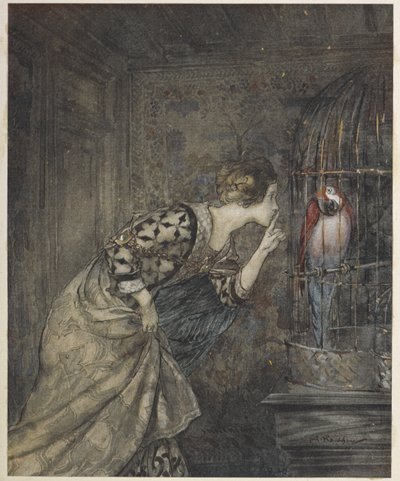 May Colvin y un loro en una jaula. de Arthur Rackham