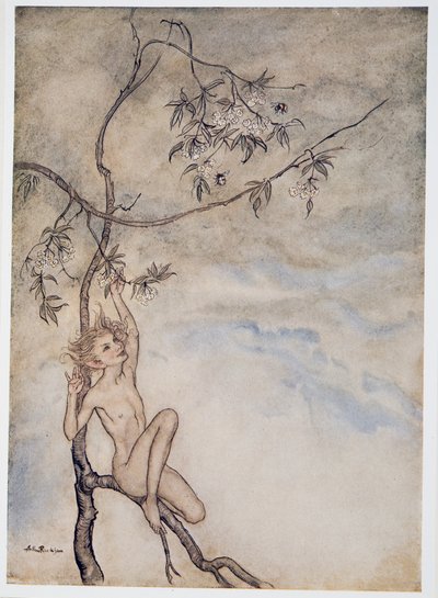 Alegremente, alegremente viviré ahora bajo la flor que cuelga de la rama, ilustración de La Tempestad de William Shakespeare, pub. 1926 de Arthur Rackham
