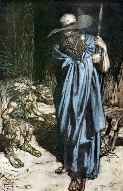 Mime y el vagabundo. Ilustración para Sigfrido y El ocaso de los dioses de Richard Wagner de Arthur Rackham
