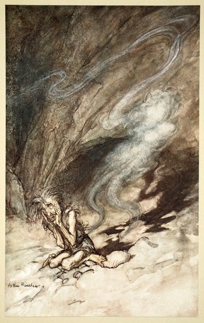 Mime se retuerce bajo los latigazos que recibe de Arthur Rackham
