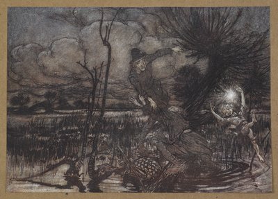 "¿Engañar a los vagabundos nocturnos, riéndose de su daño?
Una escena de "El sueño de una noche de verano". de Arthur Rackham
