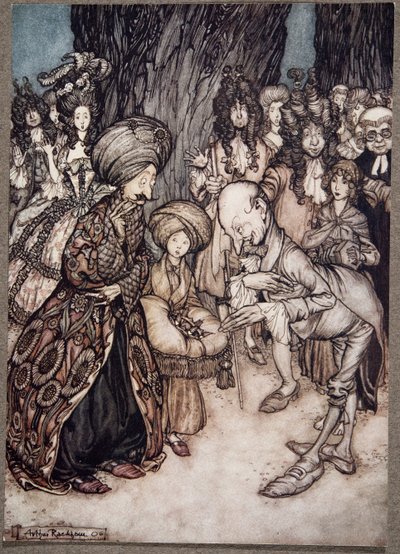 Mi señor duque, dijo el médico con entusiasmo, tengo el honor de informar a su excelencia que su gracia está enamorada..., de Peter Pan en los jardines de Kensington por J M Barrie (1860 - 1937), pub. 1906 de Arthur Rackham