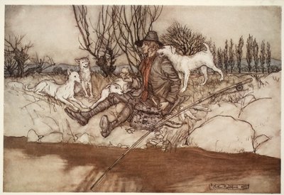 Ningún perro le ladraría en todo el vecindario., de Rip Van Winkle por Washington Irving, pub. 1910 de Arthur Rackham