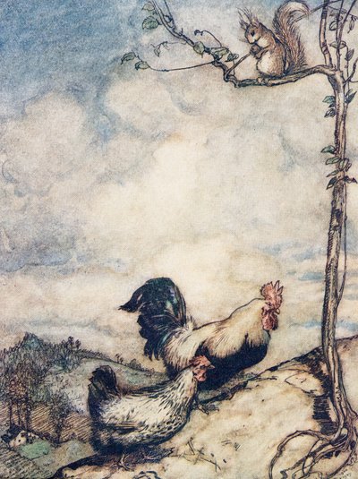 Ahora subiremos la colina y tendremos un buen festín antes de que la ardilla se lleve todas las nueces, de Los cuentos de hadas de los hermanos Grimm, pub. 1909 de Arthur Rackham