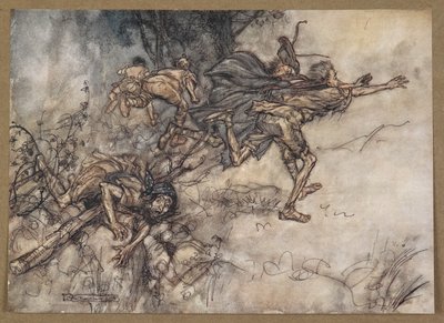 "¡Oh monstruoso! ¡Oh, extraño! Estamos embrujados. ¡Recen, señores! ¡Vuelen, señores! ¡Socorro!
Una escena de "Sueño de una noche de verano". de Arthur Rackham