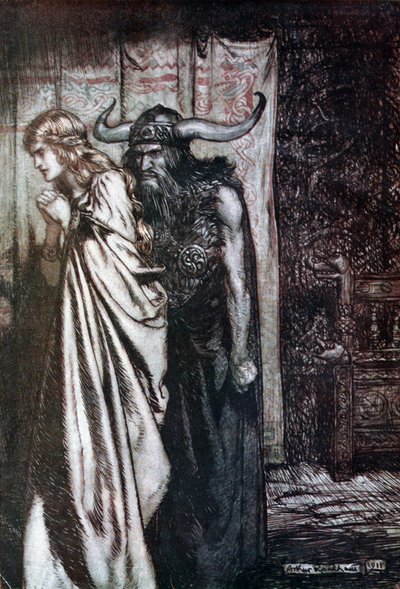 ¡Oh esposa traicionada, vengaré tu confianza engañada! Ilustración para Sigfrido y El Ocaso de los Dioses de Arthur Rackham