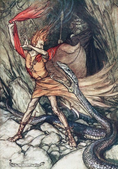 ¡Oh! ¡Oh! Dragón terrible, ¡oh, no me tragues! Ilustración para El oro del Rin y La valquiria de Arthur Rackham