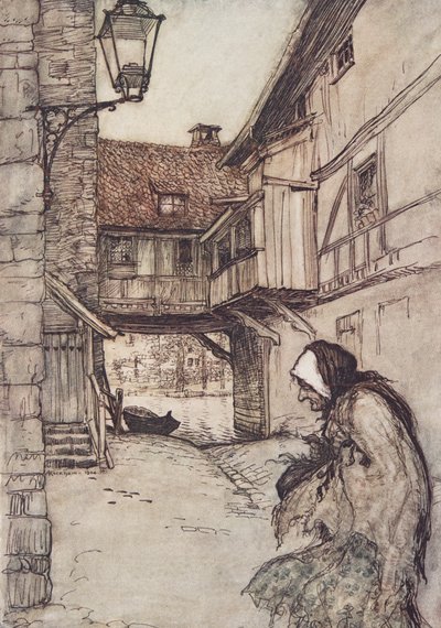 Había una vez una pobre anciana que vivía en un pueblo, de Los cuentos de hadas de los hermanos Grimm, pub. 1909 de Arthur Rackham