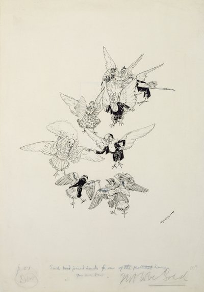 Uno de los bailes más bonitos que jamás hayas visto, ilustración de The Zankiwank and the Bletherwitch, por S.J. Adair Fitzgerald, publicada en 1896 de Arthur Rackham