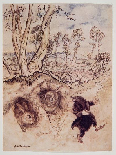¡Salsa de cebolla! ¡Salsa de cebolla! comentó burlonamente, y se fue antes de que pudieran pensar en una respuesta, de El viento en los sauces de Kenneth Grahame (1859 - 1932), pub. 1940 de Arthur Rackham