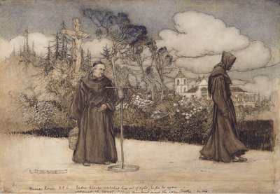 El padre Alonzo lo observó hasta perderlo de vista, ilustración de Buenas noches por Eleanor Gates, 1907 de Arthur Rackham