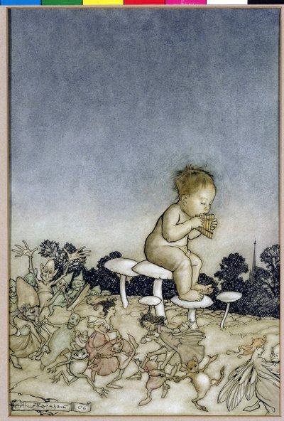 Peter Pan es la orquesta de las hadas, ilustración de Peter Pan en los Jardines de Kensington, por J.M. Barrie, 1806 de Arthur Rackham