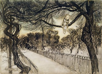 Peter Pan en una Rama, escena de Peter Pan en los Jardines de Kensington de J.M Barrie de Arthur Rackham