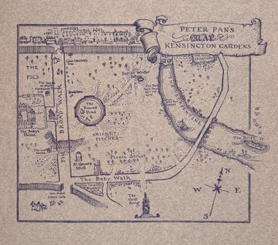 Mapa de los Jardines de Kensington de Peter Pan, de Peter Pan en los Jardines de Kensington de J M Barrie, pub. 1906 de Arthur Rackham