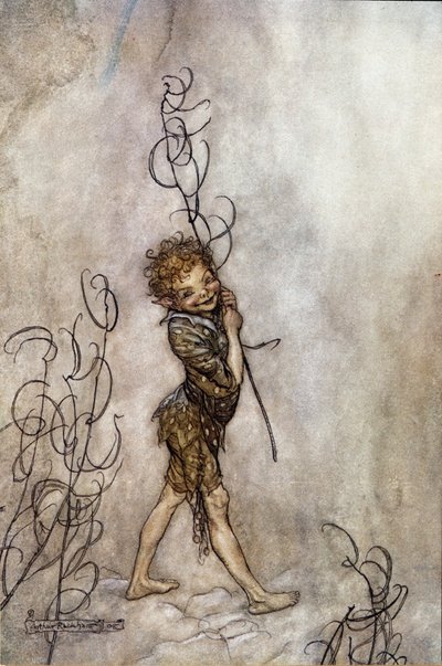 Personaje Puck de la obra. Ilustración para El sueño de una noche de verano de William Shakespeare de Arthur Rackham