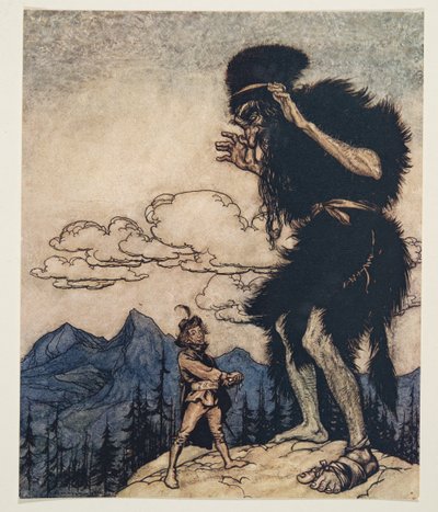Sacando el trozo de queso blando de su bolsillo, lo apretó hasta que salió la humedad, de Los cuentos de hadas de los hermanos Grimm, pub. 1909 de Arthur Rackham
