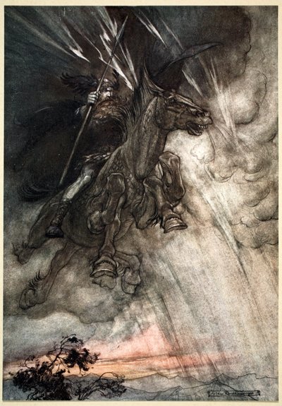 Furioso, Wotan cabalga hacia la roca! Como un viento de tormenta viene!, 1910 de Arthur Rackham