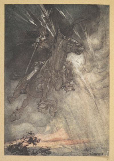 "¡Wotan cabalga furioso hacia la Roca! Como un viento de tormenta viene!" de Arthur Rackham