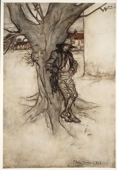 El hijo de Rip, una copia exacta de él mismo, mientras subía la montaña., de Rip Van Winkle de Washington Irving, pub. 1910 de Arthur Rackham