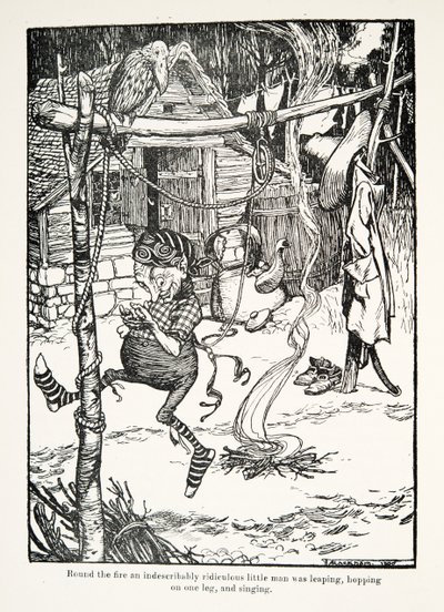 Alrededor del fuego un hombrecito indescriptiblemente ridículo saltaba, brincaba en una pierna y cantaba, de Los cuentos de hadas de los hermanos Grimm, pub. 1909 de Arthur Rackham