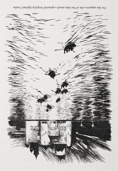 Botes de remo en un río acercándose a un castillo de noche. de Arthur Rackham