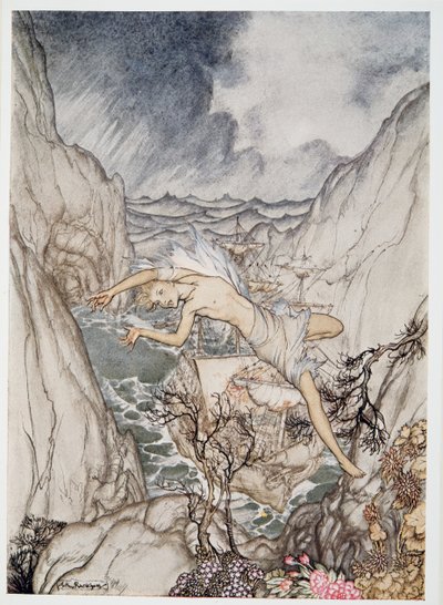 A salvo en el puerto está el barco del rey, ilustración de La Tempestad de William Shakespeare, pub. 1926 de Arthur Rackham