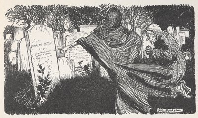 Scrooge y un fantasma en un cementerio de noche. de Arthur Rackham