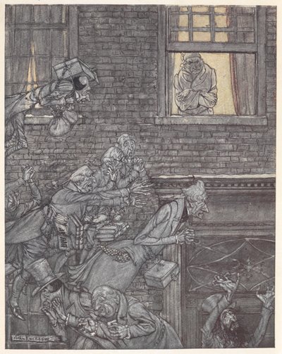 Scrooge en su ventana viendo fantasmas en la calle de abajo de Arthur Rackham