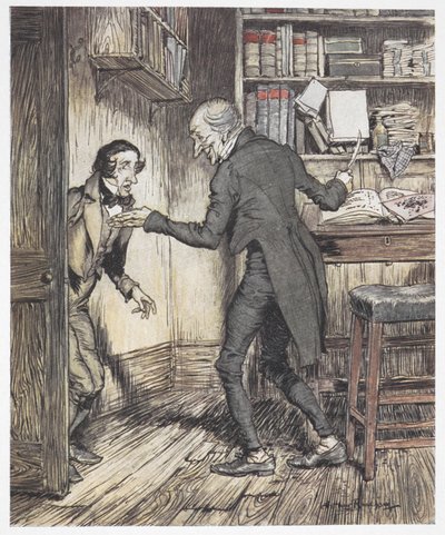 Scrooge escribiendo en su despacho mientras entra otro hombre de Arthur Rackham